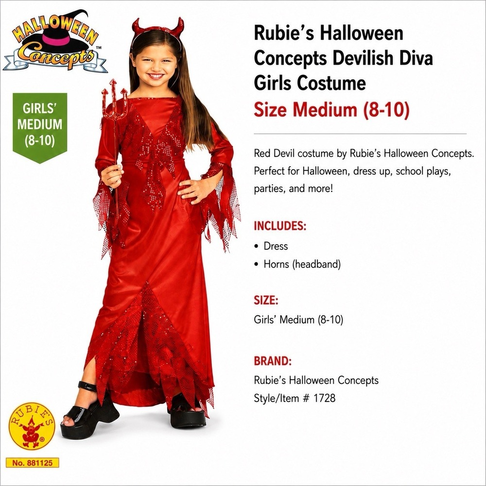 Rubie's Devilish Diva Girls Devil Costume Medium 8-10 Dress Horns Halloween